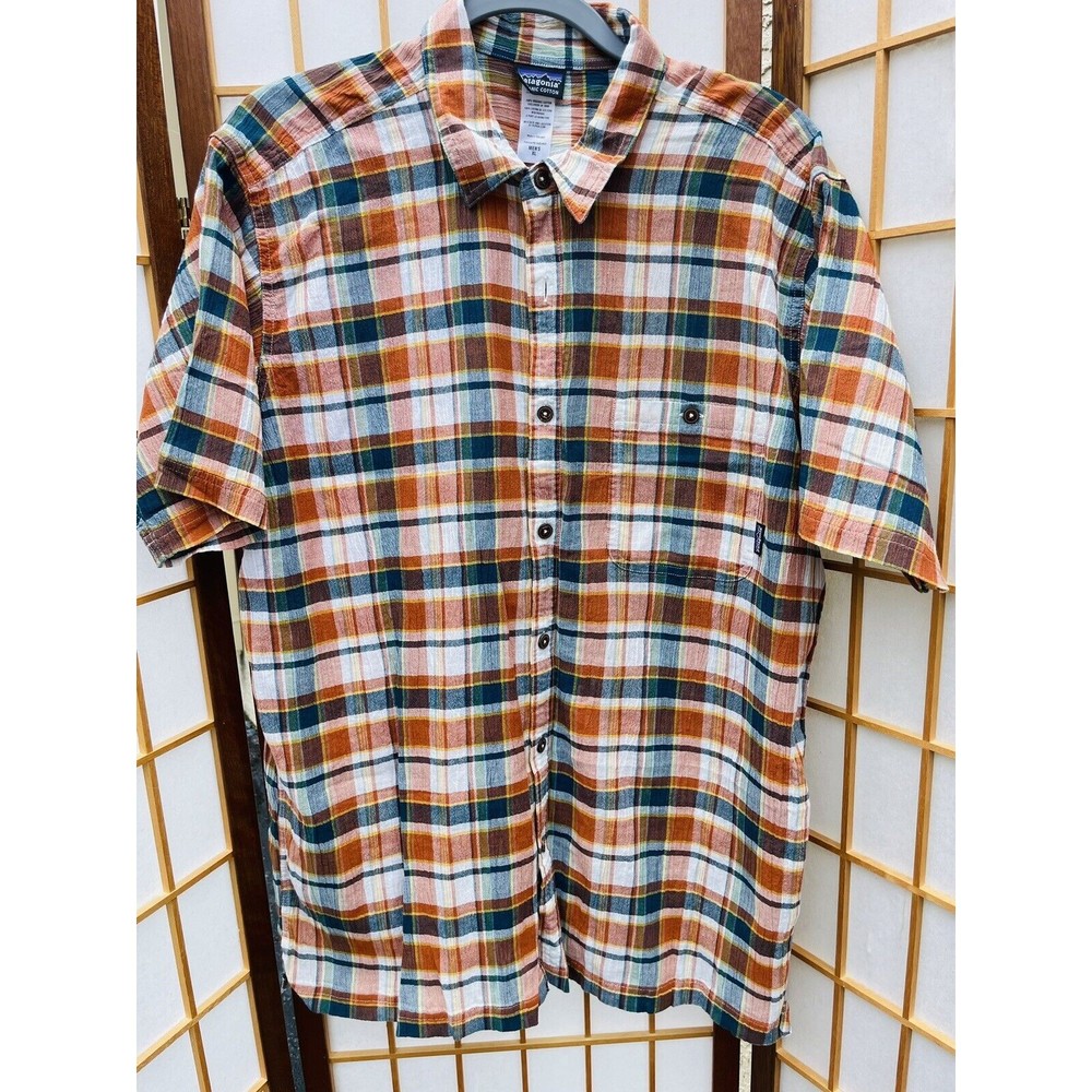 Patagonia Mens XL Organic Cotton Short Sleeve Button Shirt Plaid Orange Blue